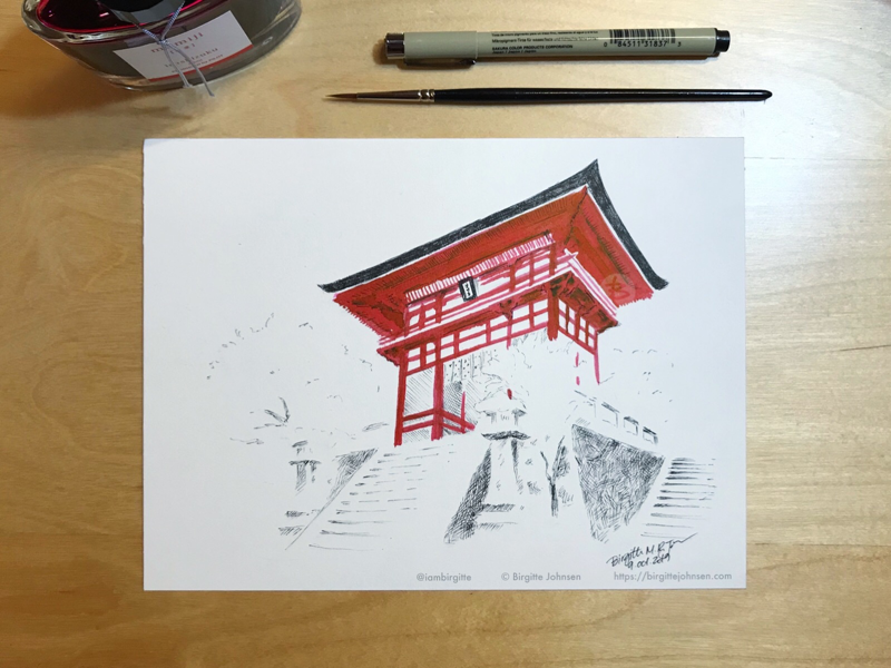 Inktober day 9: Kiyomizu-dera winter deva gate kyoto kiyomizu-dera temple scenery landscape japanese scenery japan ink painting ink drawing inktober2019 inktober ink limited colours limited colour palette illustration art