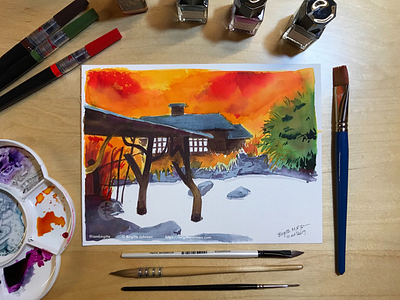 Inktober day 10: Tsurunoyu Onsen akita art hot spring illustration ink ink drawing ink painting inktober inktober2019 japan japanese scenery landscape limited colour palette limited colours onsen scenery tsurunoyu onsen