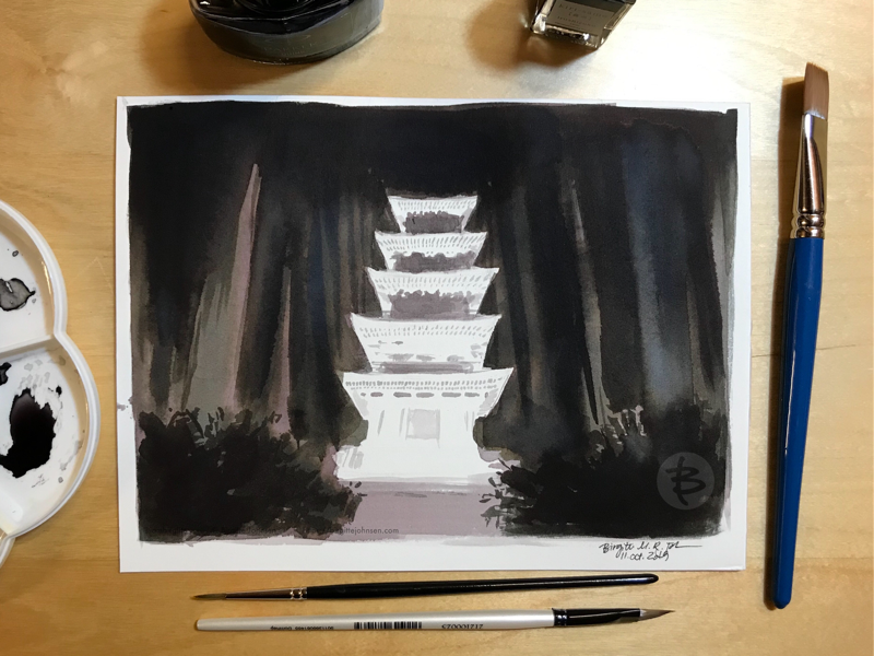 Inktober day 11: Dewa Sanzan mount haguro pagoda shrine yamagata dewa sanzan scenery landscape japanese scenery japan ink painting ink drawing inktober2019 inktober ink limited colours limited colour palette illustration art