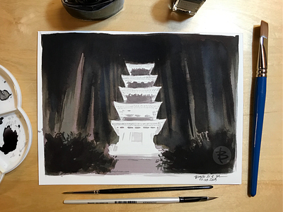 Inktober day 11: Dewa Sanzan art dewa sanzan illustration ink ink drawing ink painting inktober inktober2019 japan japanese scenery landscape limited colour palette limited colours mount haguro pagoda scenery shrine yamagata