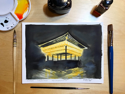 Inktober day 13: Yasaka Shrine art illustration ink ink drawing ink painting inktober inktober2019 japan japanese scenery kyoto kyoto shrine landscape lanterns limited colour palette limited colours night scenery shinto shrine yasaka shrine