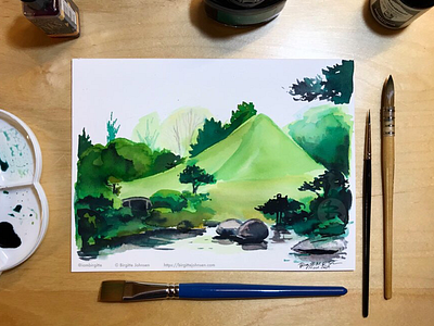 Inktober day 14: Suizen-ji Jōju-en garden art illustration ink ink drawing ink painting inktober inktober2019 japan japanese scenery kumamoto landscape limited colour palette limited colours miniature scenery suizen job jōju en garden tokaido