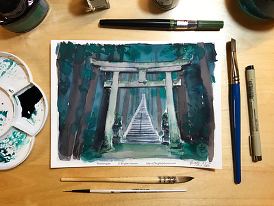 Inktober day 17: Taki Shrine art eerie forest gifu illustration ink ink drawing ink painting inktober inktober2019 japan japanese scenery landscape limited colour palette limited colours moss scenery shrine spooky taki shrine