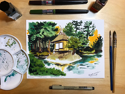 Inktober day 23: Oyaku-en art fukushima garden herbs illustration ink ink drawing ink painting inktober inktober2019 japan japanese scenery lake landscape limited colour palette limited colours nature oyaku en scenery