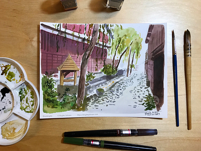 Inktober day 24: Gujo Hachiman art canal. gifu gujo hachiman illustration ink ink drawing ink painting inktober inktober2019 japan japanese scenery landscape limited colour palette limited colours scenery stream