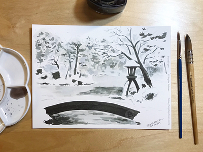 Inktober day 26: Kenroku-en garden art icy pond illustration ink ink drawing ink painting inktober inktober2019 japan japanese scenery kenrokuen garden landscape lantern limited colour palette limited colours scenery snow winter