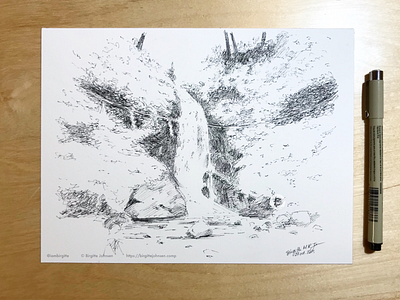 Inktober day 27: Ichijo Falls art black and white crosshatching fukui ichijo falls illustration ink ink drawing ink painting inktober inktober2019 japan japanese scenery landscape limited colour palette limited colours scenery waterfall