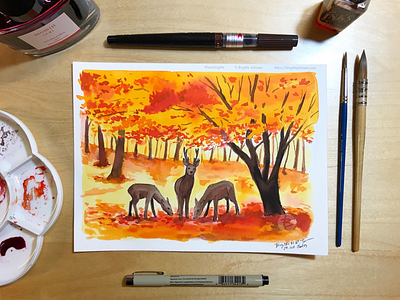 Inktober day 29: Nara Park art autumn deer illustration ink ink drawing ink painting inktober inktober2019 japan japanese scenery landscape limited colour palette limited colours nara park scenery