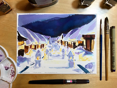 Inktober day 30: Ōuchi-juku, aizu art fukushima historic town illustration ink ink drawing ink painting inktober inktober2019 japan japanese scenery landscape limited colour palette limited colours scenery snow snow festival winter ōuchi juku