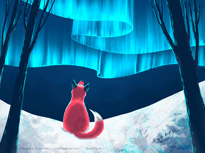 Fox and northern lights art aurora borealis digital art digital illustration fox illustration landscape limited colour palette limited colours northern lights winter