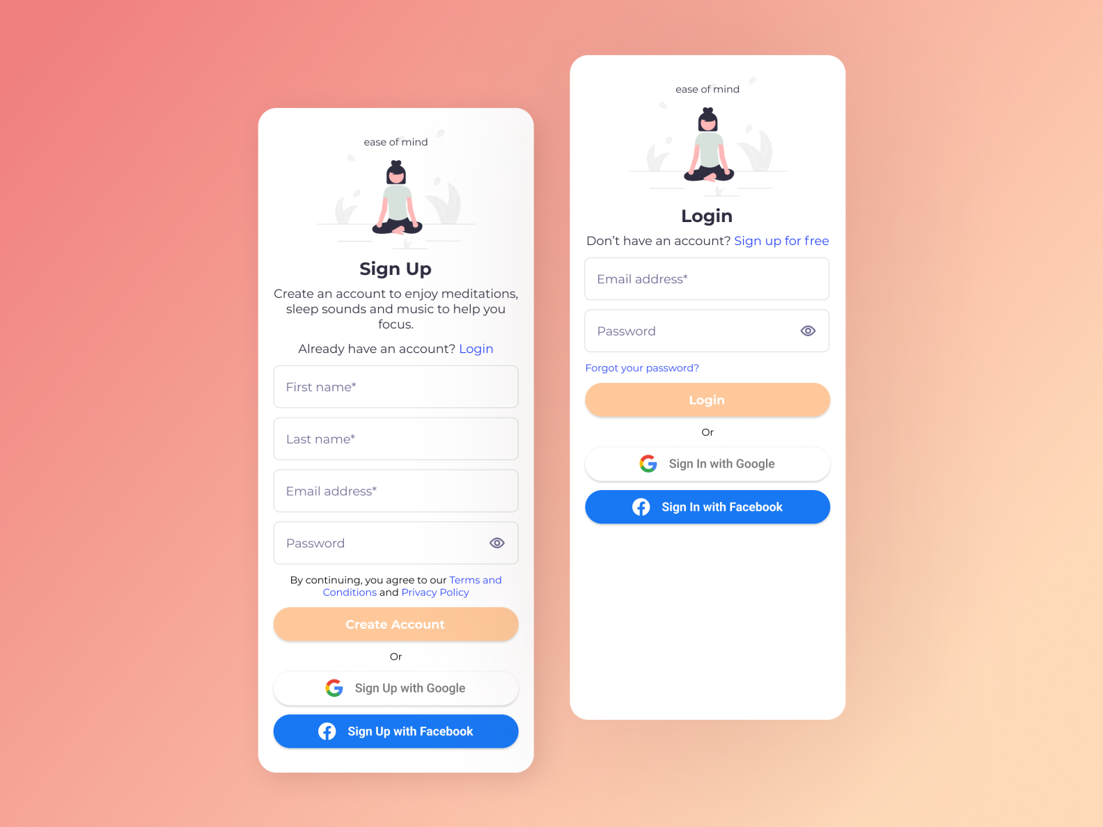 Sign up screen for meditation app by Fiona Lee on Dribbble