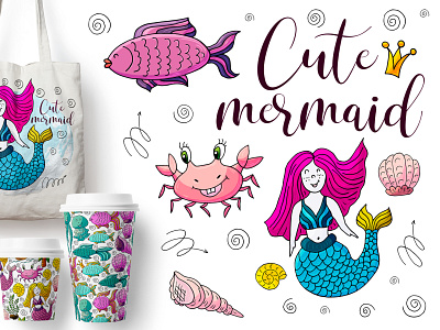 Cute mermaid. Graphic elements branding graphic design logo undersea vector