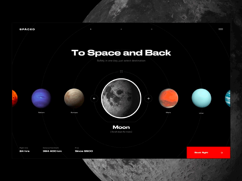 SPACED - Home Page part 1 challenge dark design future moon red simple space spaced ui universe ux