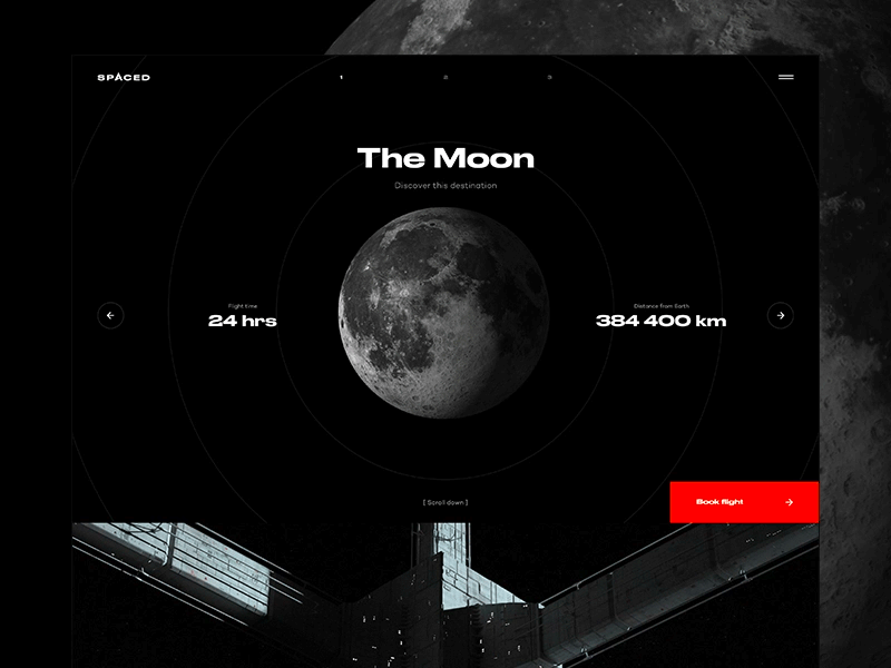 SPACED - Home Page part 2 challenge dark design future moon red simple space spaced ui universe ux