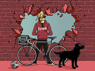 Zeichner + Hund + Fahrrad + Fußball & Musik bike character dog fahrrad football fussball hund illustration mauer music musik radio street wall zeichen