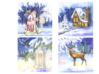 Christmas Postcards christmas christmas tree deer happy new year illustration lamp landscape postcard santa claus watercolour