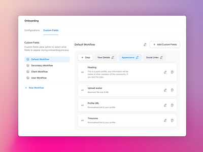 Onboarding admin app drag iconsax onboarding settings tabs web app workflow