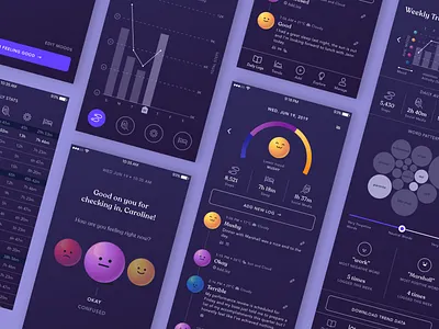 Marbles App: Dark Mode UI app app design bubble chart dark dark mode dark ui dashboard dashboard ui data emoji illustration marbles mental health mobile mobile app mobile ui mood tracking tracking app trends ui