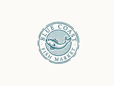 Blue Coast Fish Market badge blue blue coast fish hand drawn handdrawn logo market navy sea vintage wave