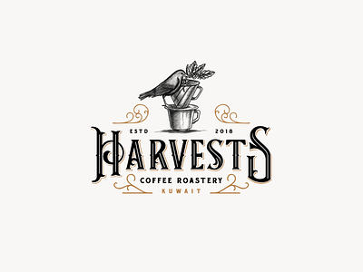 Harvest Coffee Roastery Logo artisan bird coffee coffee plant coffee shop hand drawn logo ornamental roaster rustic vintage