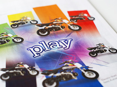 Play advert bright color colour colourful design exciting fun graphics happy magazine motorbike motorcycles