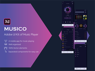 Musico - Adobe UI Kit of Music Player 3d adobe adobe xd android application ui branding design dribbble graphic design illustration ios logo mockup product product app shots template ui vector xd