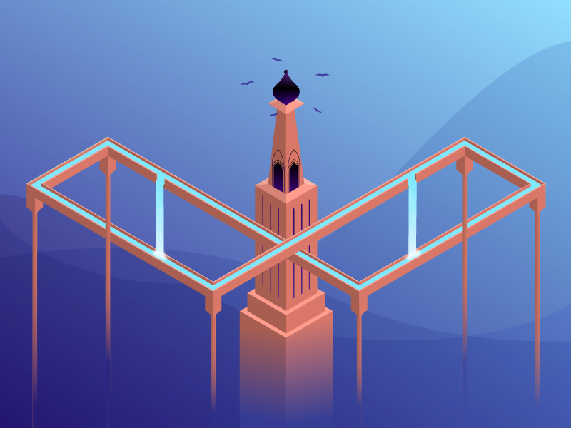 The land Of Impossible infinity monument valley symmetry geometry 3d isometric illustration