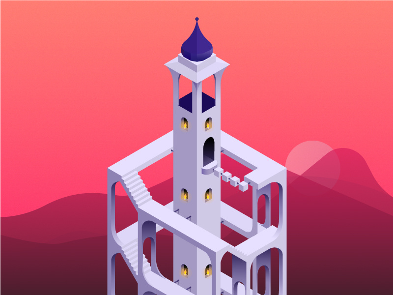 The tower of forgotten dreams geometric app symmetry game monument valley design 3d illustration