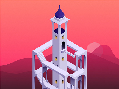 The tower of forgotten dreams 3d app design game geometric illustration monument valley symmetry