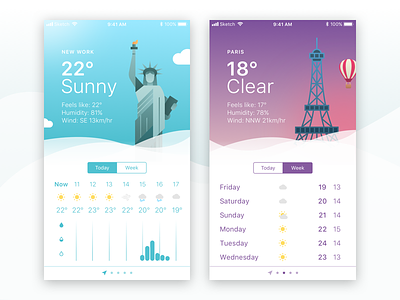 Weather App Shot app building challenge dailyui icon ios new york paris ui ux weather