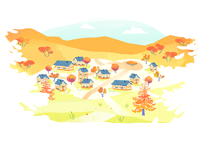 Odaya - Huli village color dyeos hill house illustration odaya tree village