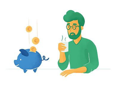 Save Money character coffee drink dyeos illustration man money moneybox negotiate piggy bank pretto saving saving money