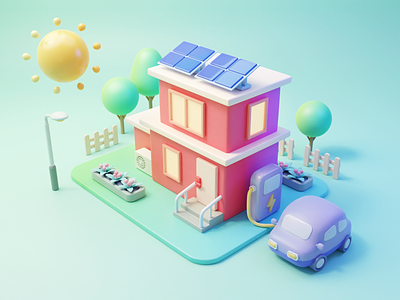 Solar Energy 3d car charge design house illustration solar energy sun
