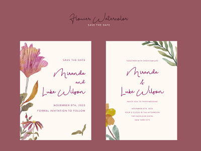 Flowers Watercolor Wedding Invitation and Save The Date botanical graphic design illustration invitation set wedding