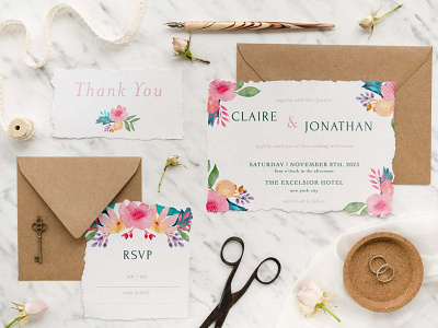 Wedding Invitation in Colorful Floral & Botanical Illustration botanical design graphic design illustration invitation set wedding