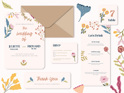 Colorful Floral Botanical Vector Illustration Wedding Invitation botanical design graphic design illustration invitation set wedding