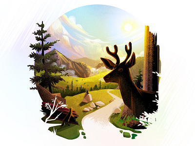 💀🎨 The Great Outdoors 02 antlers blue dead art deer design fox grass green illustration mountains outdoors outside photoshop scene scenic sun texture trail trees vignette