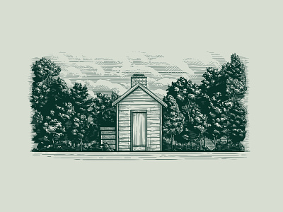 💀🎨 The Great Outdoors 04 cabin chimney dead art design etching forest gray green henry david thoreau illustration landscape massachusetts one-color outdoor scene outdoors outside scene walden pond woodblock woods