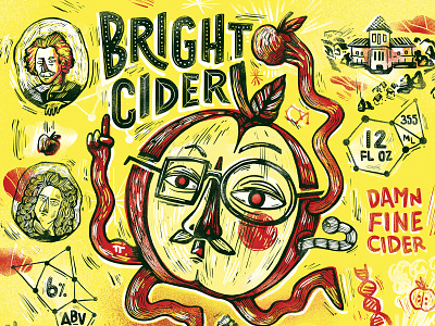 💀🎨 Food for Thought 01 apple bright cider dead art dna einstein food fruit glasses illustration mustache newton oregon packaging red science smart woodblock worm yellow