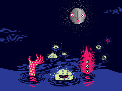 💀🎨 Wonderfully Weird 03 alien creature curious dead art dots hand illustration moon night odd pink purple scene selzter space sparkle spots strange water weird