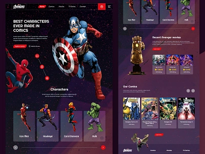 Avengers - Marvel Studios Characters Design Layout attractiveui avengers batman captain america marvel character design cinematic comic avengers hero comics dc comics doctor strange ebook hulk illustration ironman landing marvel spider man thor uiux websitedesign