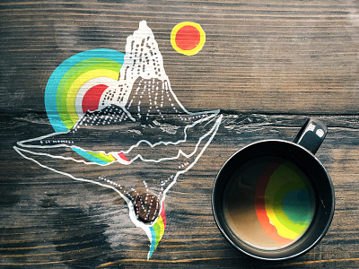 Rainbow Doodle coffee cup free hand illustration mountain photography rainbow watercolor wood