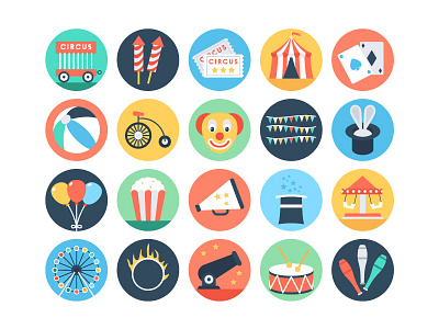Flat Circus Vector Icons ball balloons cards circus drum flat icons icons illustrations joker pop corns ticket