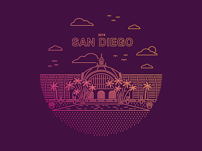 San Diego birds botanical logo building circle clouds gradient lineart palmtree purple san diego sky sun