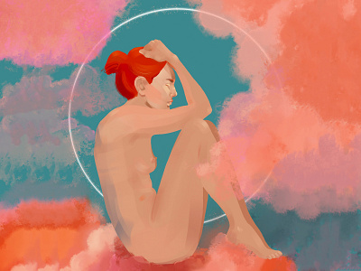Red character clouds consciousness design illustration mood procreate red hair