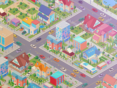 Isometric city district cars city constructor cottage design generator house isometric library map people roads scene street