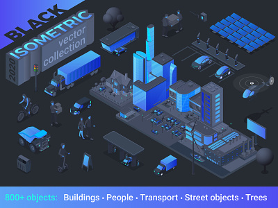Isometric Collection BLACK 3d black blue builder collection constructor flat generator illustration isometric isometry modern monochrome one-color scene stylish trend trendy vector world