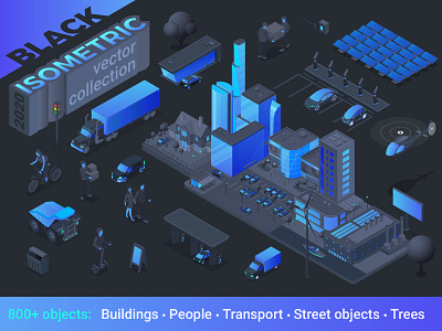 Isometric Collection BLACK 3d black blue builder collection constructor flat generator illustration isometric isometry modern monochrome one color scene stylish trend trendy vector world