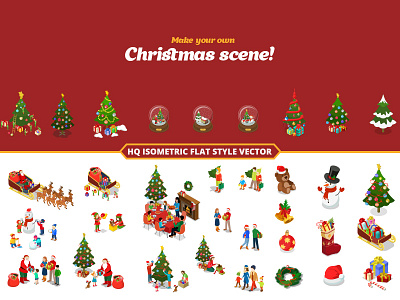 Christmas New Year Flat Isometric card christmas flat greeting holiday illustration isometric merry santa snowman tree vector