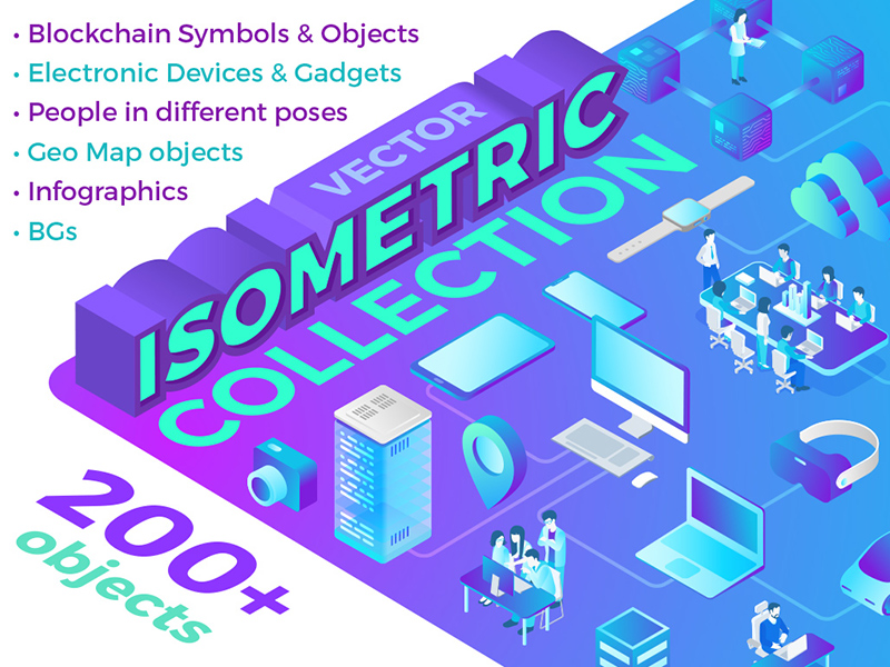 Isometric Flat Vector Collection bitcoin blockchain collection computer cryptocurrency flat isometric laptop mining people smartphone vector